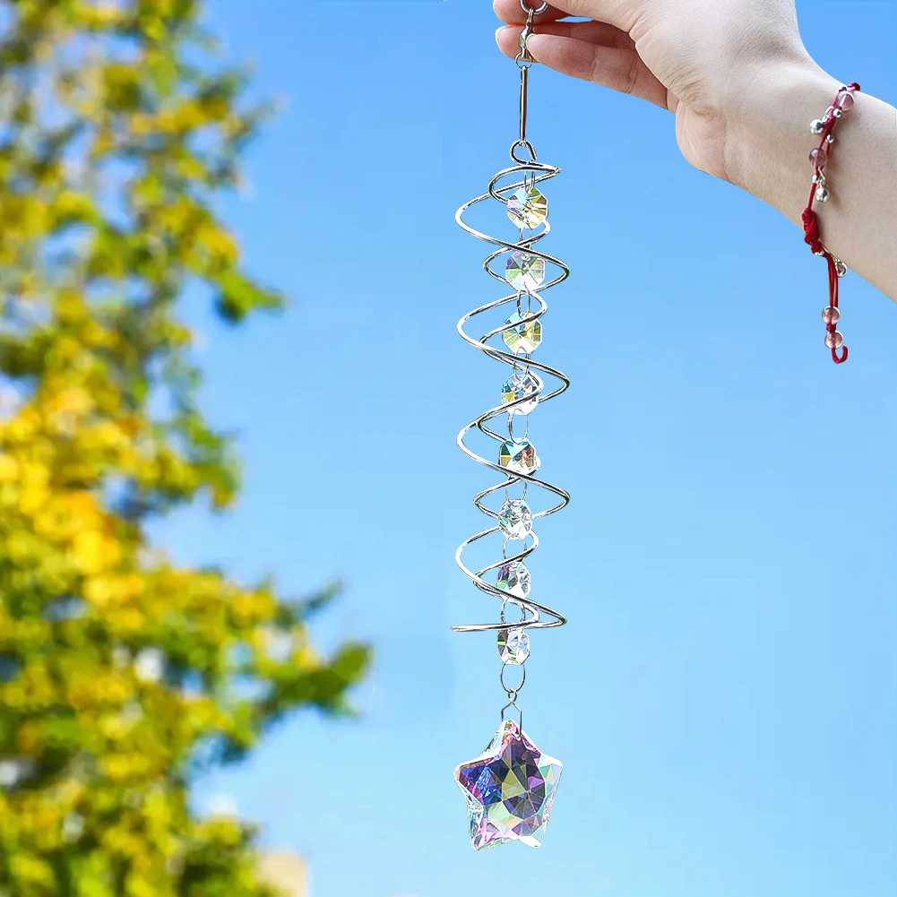 33.5cm Eternal Spiral Self-stringing Crystal Beads Pendant Five-pointed Star Glass Art Rainbow Making Garden Balcony Decoration