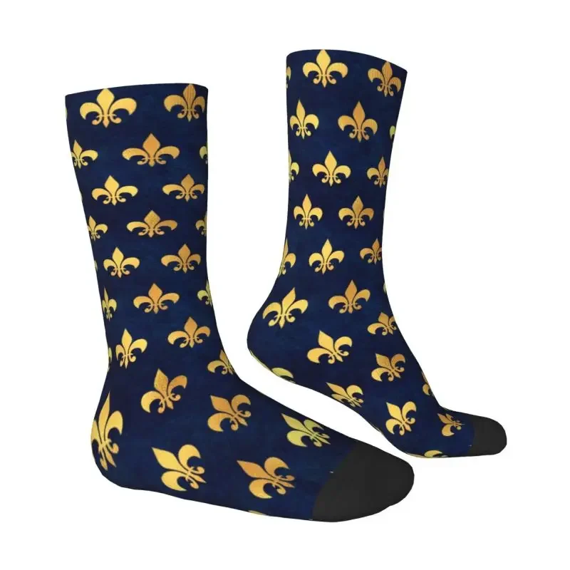 Fashion Royal Gold Blue Grunge Fleur De Lis Socks Women Male Men Breathable 3D Printing Lily Flower Basketball Sports Socks