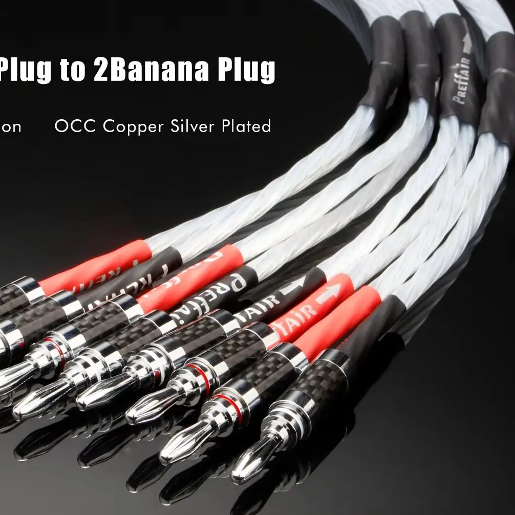 Paar 7N OCC versilberte Biwire-Lautsprecherkabel 2B auf 4B mit Carbonfaser-Stecker für Lautsprecher