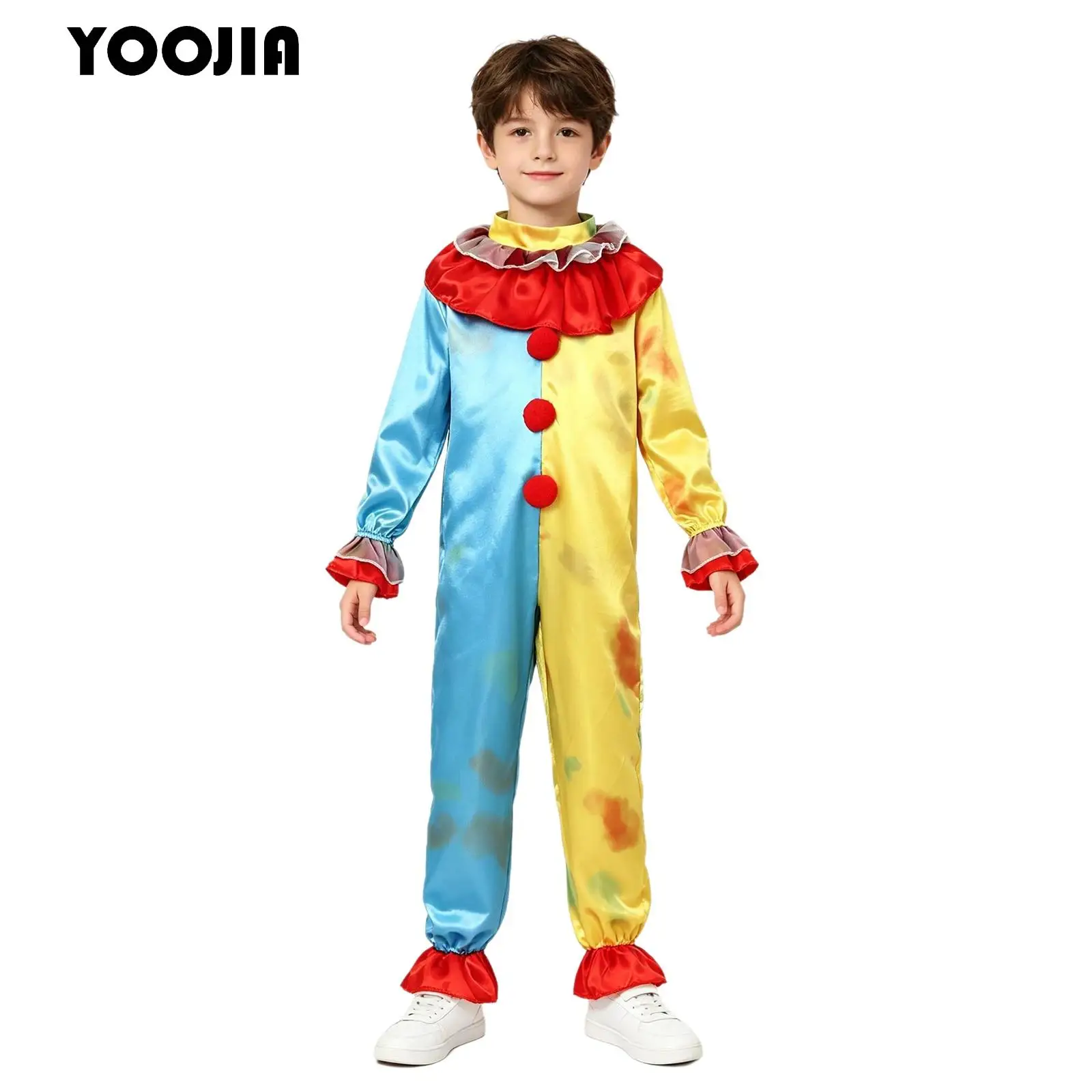 Children Circus Clown Costumes Jumpsuit Boys Ruffled Long Sleeve Back Zipper Clown Bodysuit Halloween Carnival Fancy Dress Up