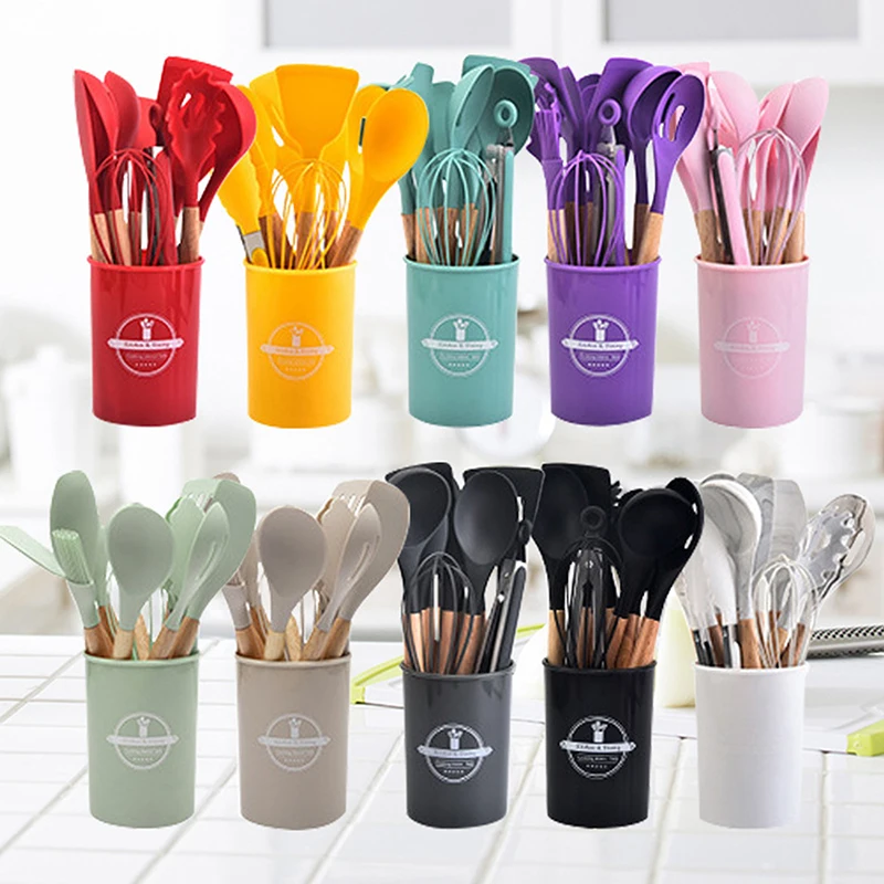 

12PCS Silicone Kitchenware Non-Stick Cookware Kitchen Utensils Set Spatula Shovel Egg Beaters Wooden Handle Cooking Tool Set