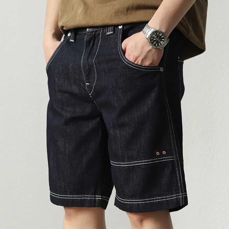 Summer New American Retro Heavyweight Primary Color Denim Cargo Shorts Men's Fashion Washed Old Straight Casual 5-points Pants