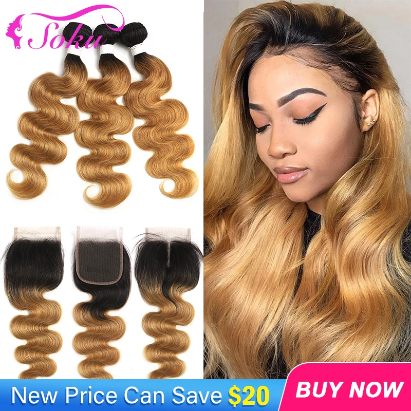 Ombre Blonde Body Wave Bundles With Closure SOKU Brazilian Human Hair Weave Bundles With Frontal 100% Remy Hair Extensions