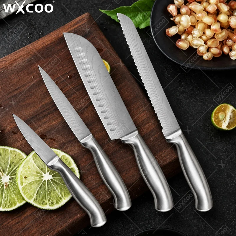 1PCS/2PCS/3PCS/4PCS Professional Kitchen Knife Full Steel Damascus Laser Pattern Chef Santoku Knife Bread Cutter Utility Knife