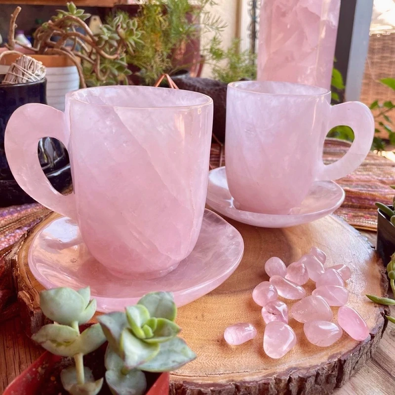 

Hot sale high quality rose quartz mugs hand carved folk crafts healing natural crystal for home decoration
