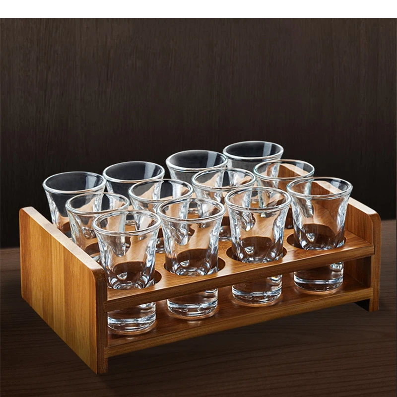 Crystal Glass Spirit Set with Wooden Cup Holder Vodka Brandy Small Wine Shochu Bar Friend Gifts