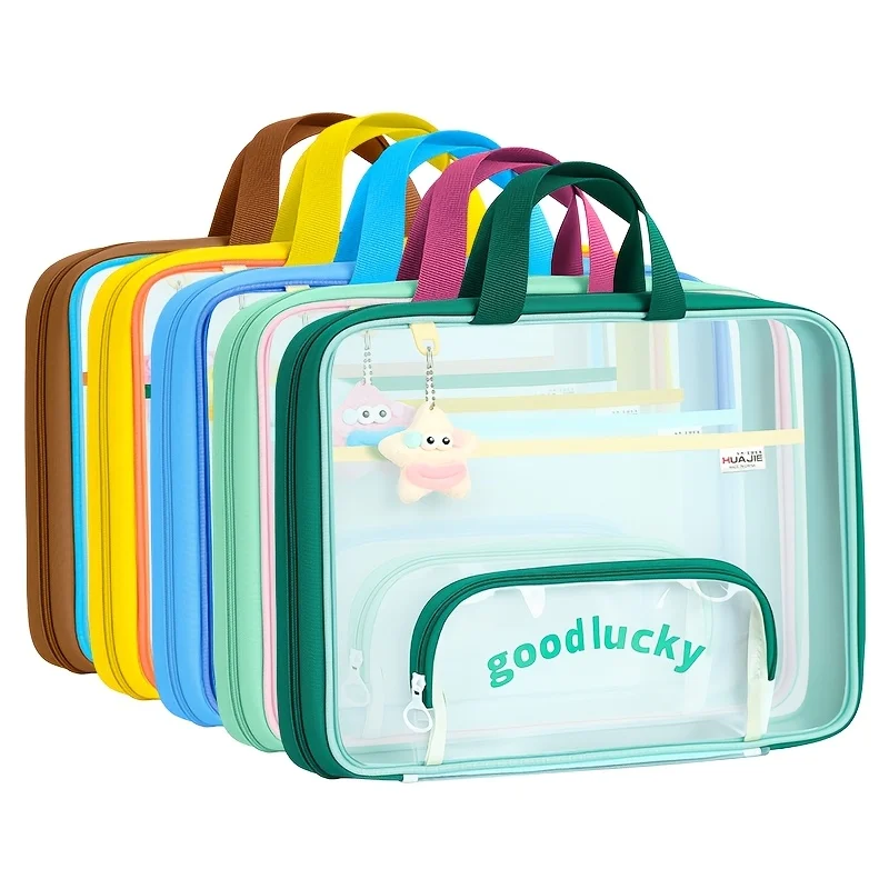 Transparent A4 Mesh File Bag 180° Wide Opening Double Zipper Handbag Tutoring Book Storage Tote Exam Paper Storage Bag
