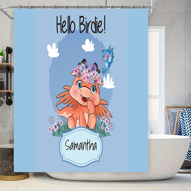 

Синяя занавеска для душа с мультяшным животным дизайном, персонализированное имя, индивидуальный декор для ванной комнаты, украшение «Hello Birdie», подарок