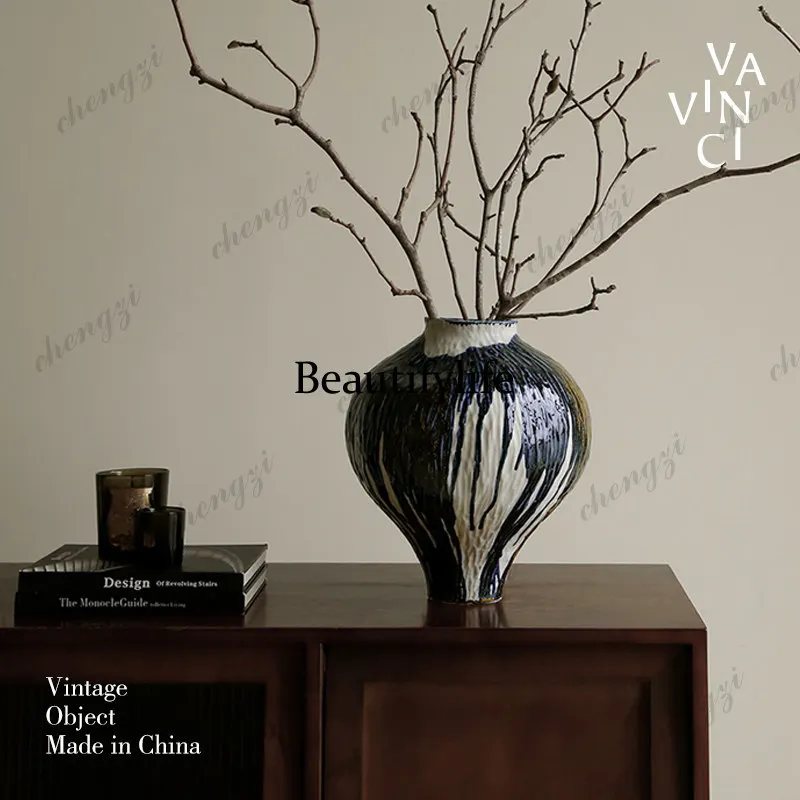 Kiln glaze handmade ceramic vase art vase retro living room tea room entrance flower ware ornament