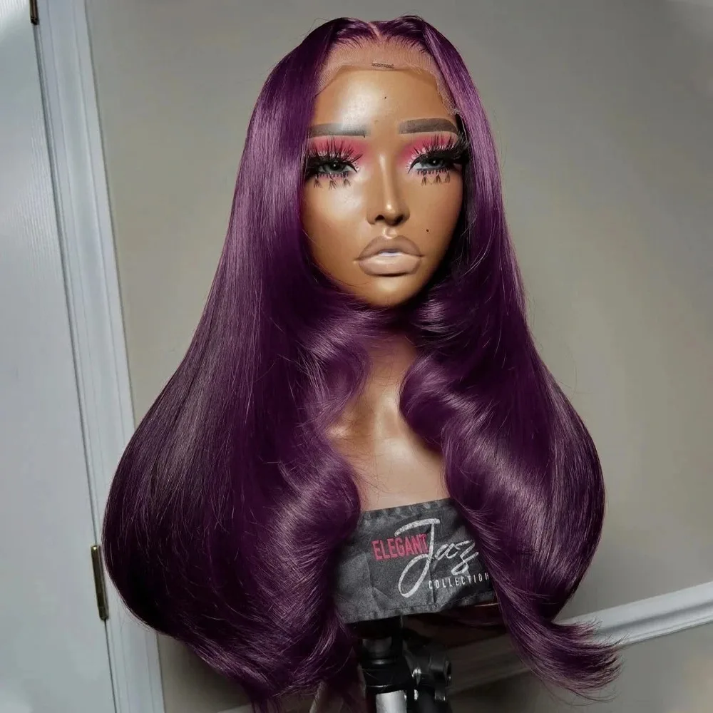 13X4 Dark Purple Straight Lace Front Wigs HD Layered Cut Lace Frontal Wig Synthetic Pre Plucked Glueless Lace Wigs For Women