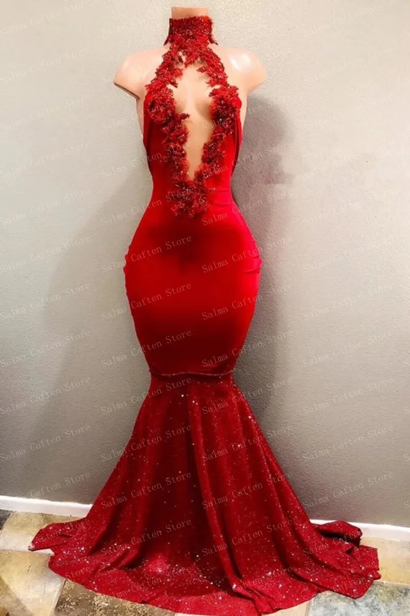 Passionate Red Halter Sequins Beaded Custom Made Evening Dresses Bodycon Satin Mermaid Dress Free Shipping Sparkly Woman Gown