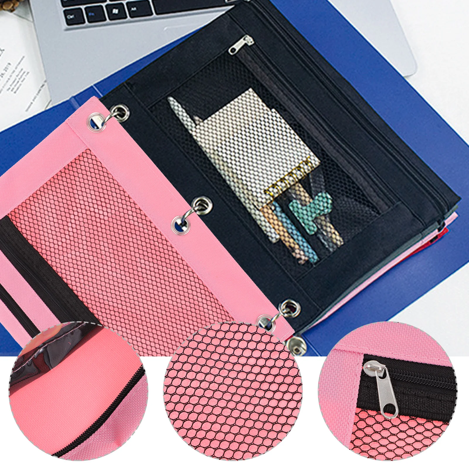 

Pencil Case Binder Pouch Zipper Bag Pens Holders Black Oxford Cloth B5 Mesh Storage Office Lightweight Portable