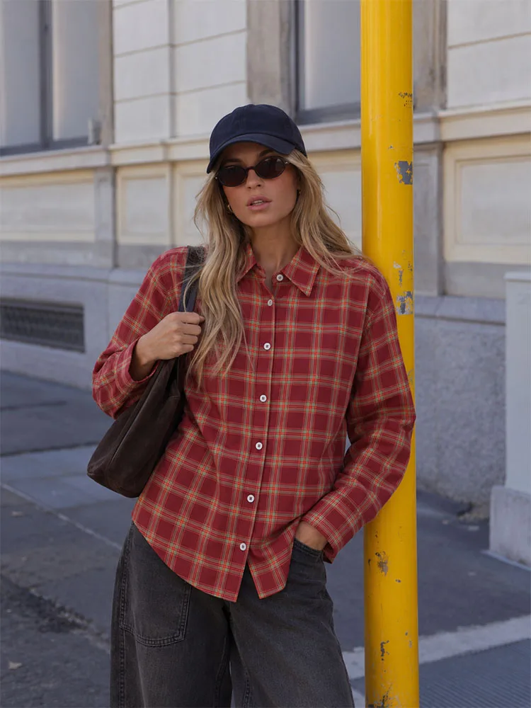 HH Women Red Plaid Shirt Jacket Fall Winter Long Sleeve Button Down Oversized Shacket Casual Streetwear Loose Fit Travel