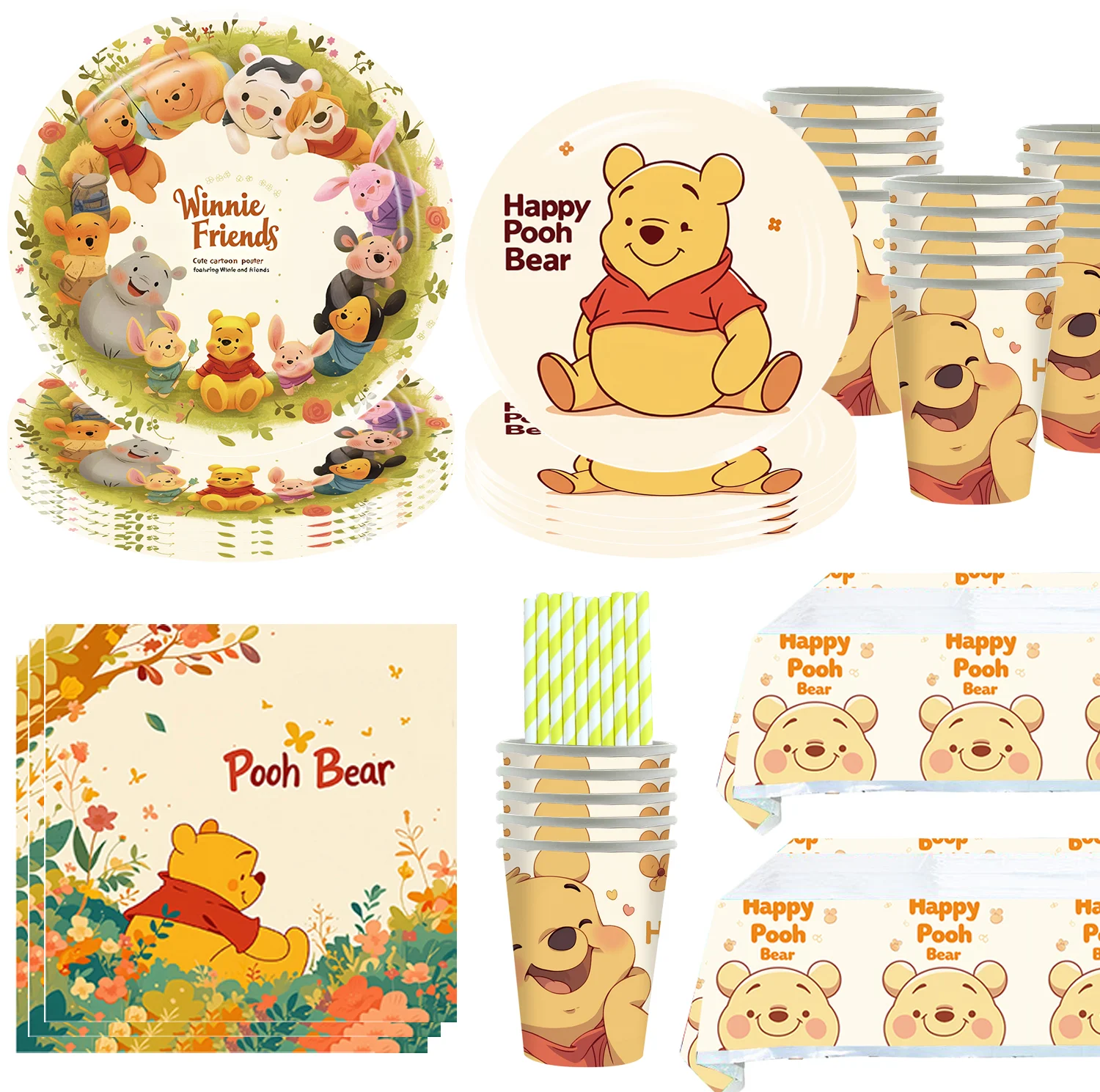 Décoration de fête d'anniversaire pour garçons, Winnie Disney l'ourson, vaisselle jetable, ballons ours, fournitures de fête prénatale