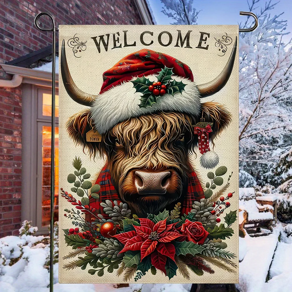 Scottish Highland Ox Christmas Garden Flag - Double-Sided, Weather-Resistant Polyester, Fits Standard Poles