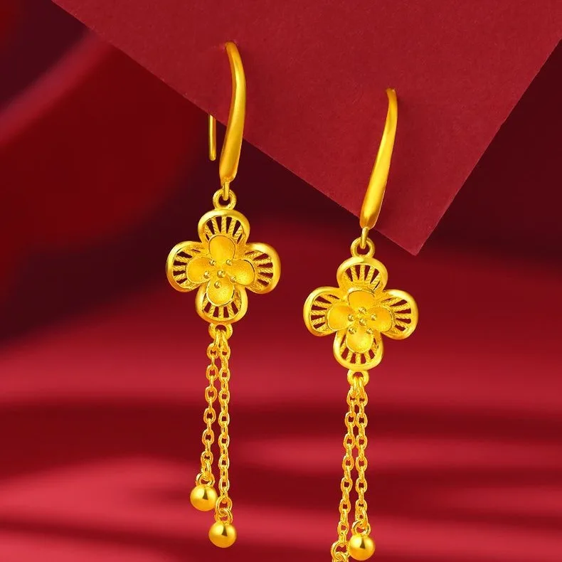 New 9999 24K real gold light luxury flower period dream like hollow peach blossom earrings for women, long earrings and earrings