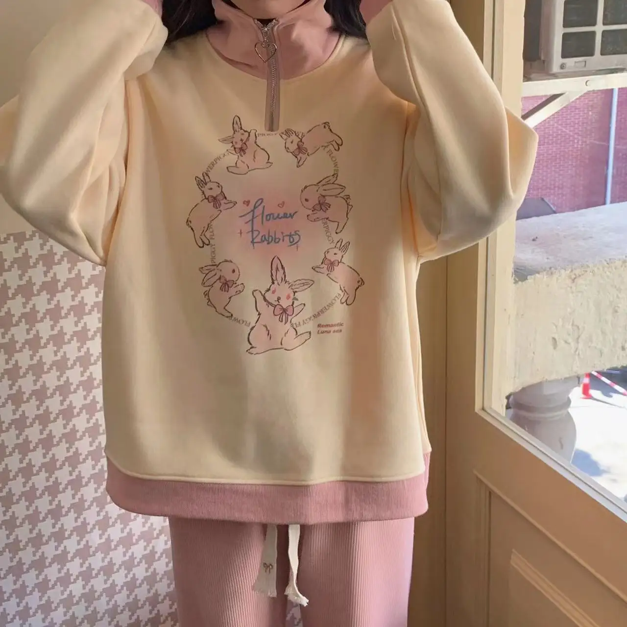 Half Zipper Stand Collar POLO Sweatshirt Cute Rabbits Anime Hoodie Students Girls Kawaii Clothes Japanese Thicken Winter Y2K Top