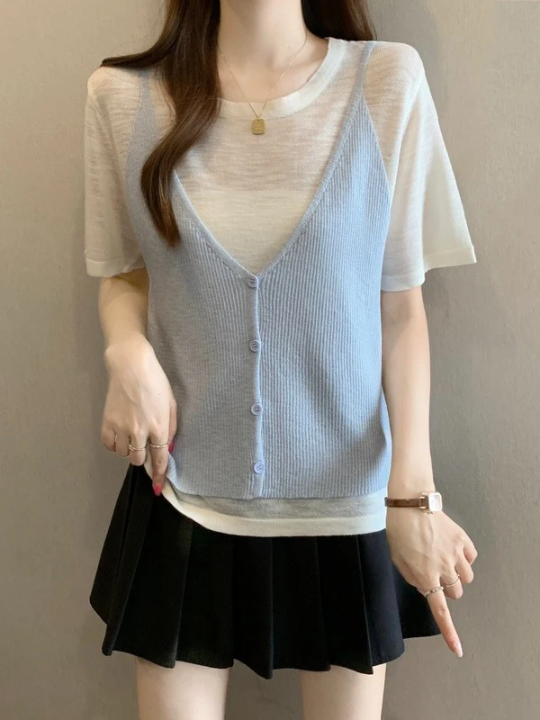 Light Green Knitted Short Sleeve T-Shirt Women's plus Size Summer New Style Shoulder Width Regular Knitted Top Casual Commute...