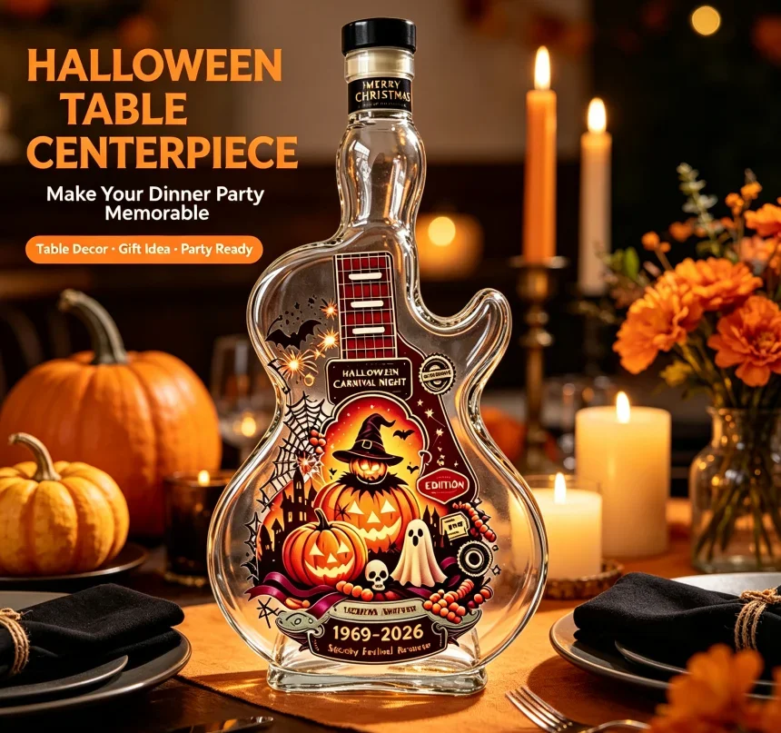 Guitar Shaped Glass Liquor Bottle with Pumpkin Ghost Print Halloween Decorative Empty Wine Vase for Home Bar Tabletop Party