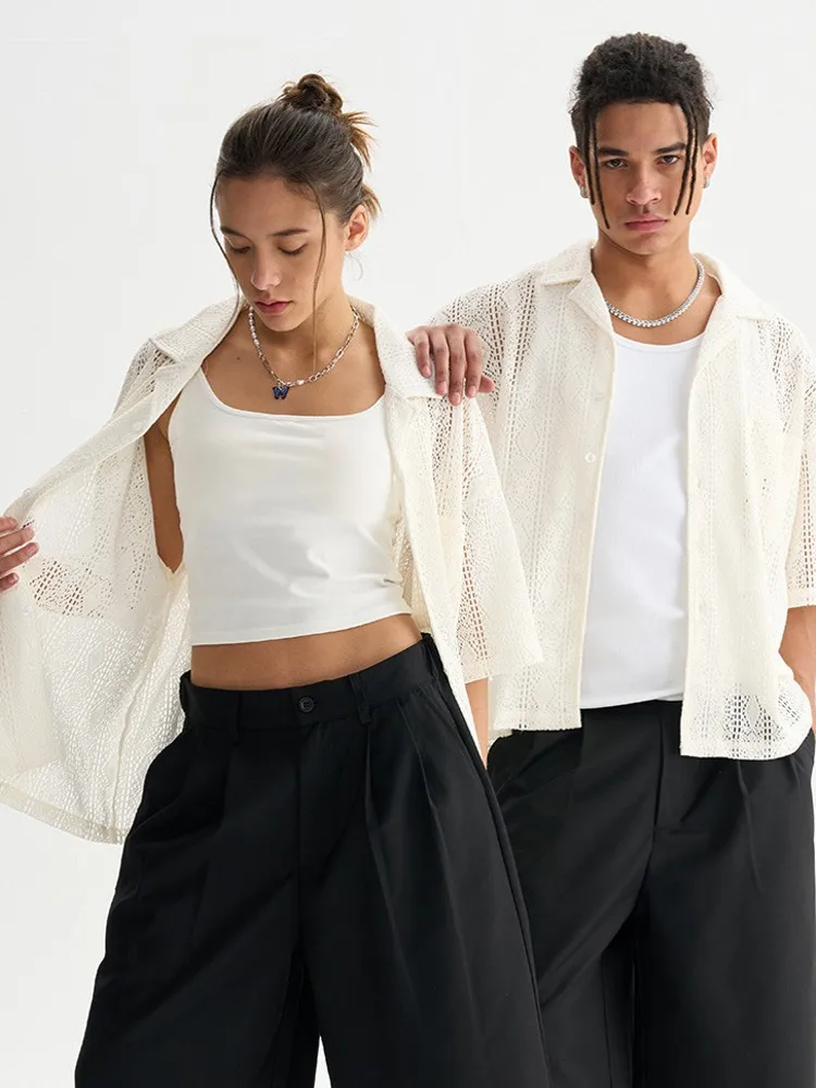Summer Men Loose Fit Single Breasted Casual Beach Shirt Breathable Hollow Out Tops Fashion See Through Holiday Shirts Streetwear