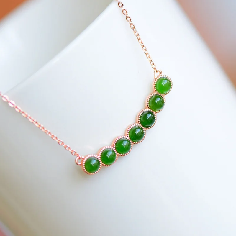 

S925 Silver Plated Rose Gold Inlaid Hetian Jade Jasper Bead Necklace Pendant Smile Collarbone Chain