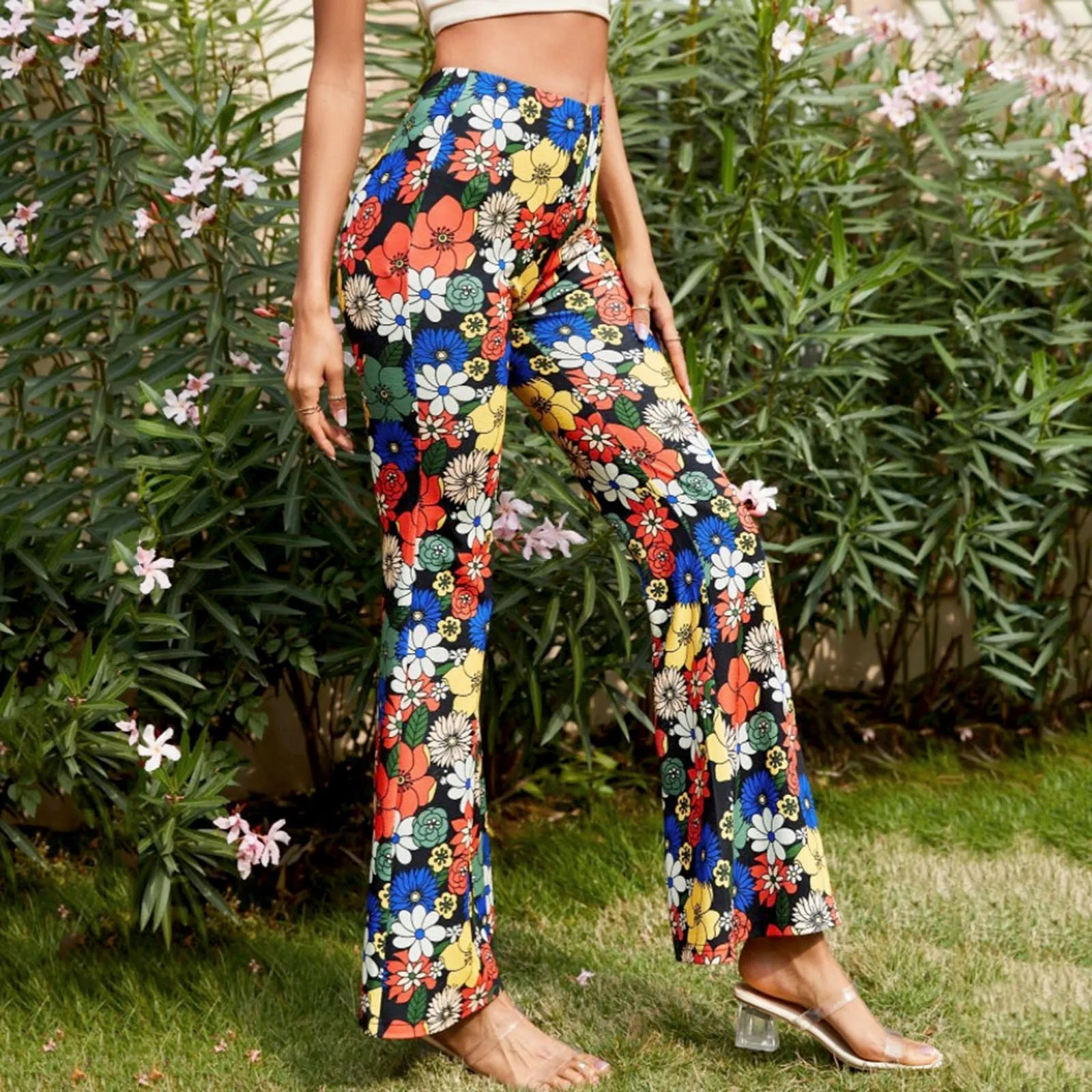 

Summer Casual Fashion High Waist Flared Pants For Women Flower Printed Sexy Slim Fit Pants Vintage Bohemian Beach Trousers