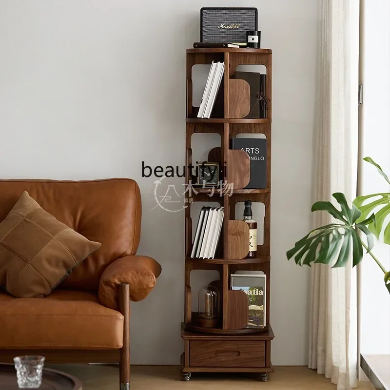 North American black walnut solid wood rotating bookshelf 360-degree simple storage rack simple shelf bookcase