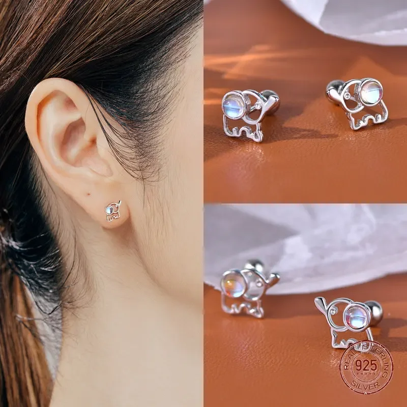 925 Sterling Silver Cute Elephant Stud Earrings for Women Hollow Design Moonstone Korean Fashion Jewelry Party Wedding Gift