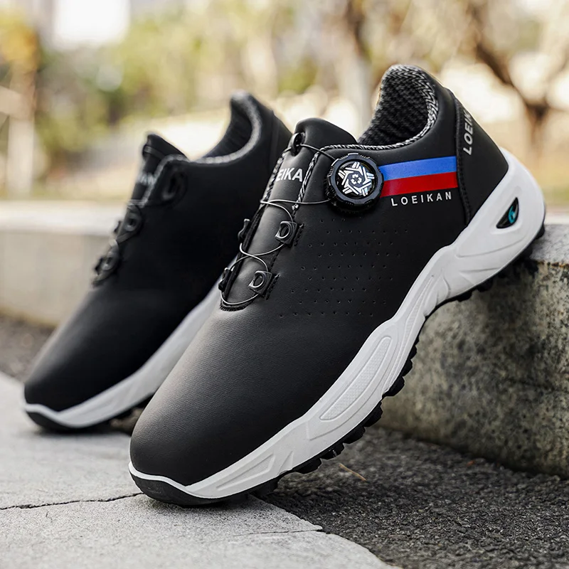 Men Rotating Buckle Waterproof Golf Sneakers, Cushioned Non Slip Spiked Sport Shoes For Urban Daily Golf Walking Travel