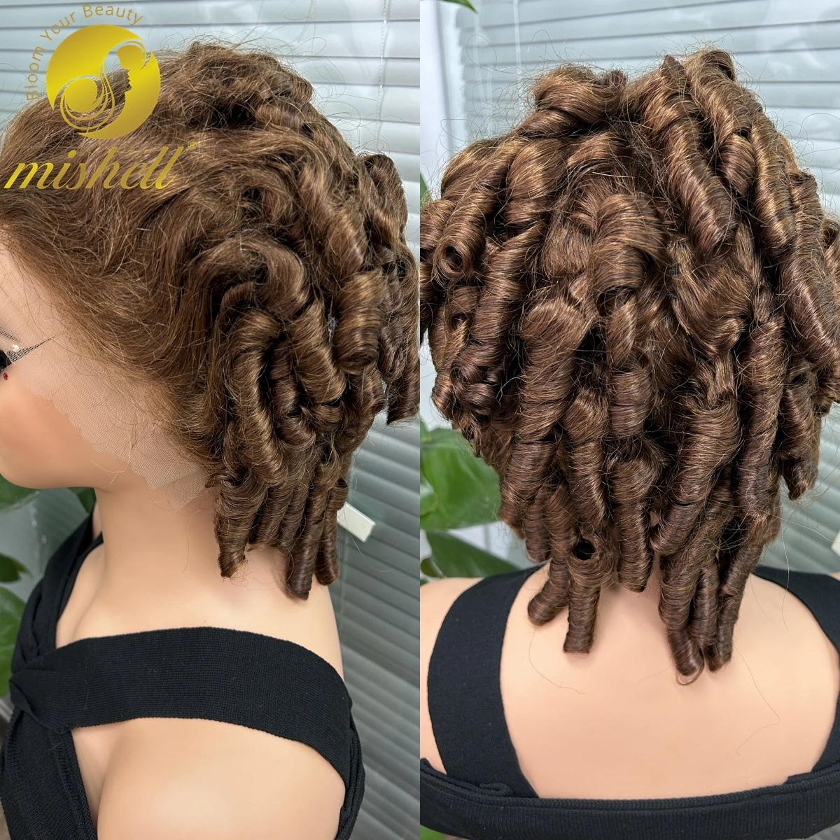 

4# Chocolate Brown Tube Roll Wave Lace Wig 13x4 Transparent Full Lace Frontal Wig 180% Bouncy Curly Human Hair Wigs for Women