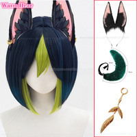 Tighnari Cosplay Wig Game  Sumeru Cosplay Tighnari 35cm Short Heat Resistant Synthetic Wigs Ear Earring + Wig Cap