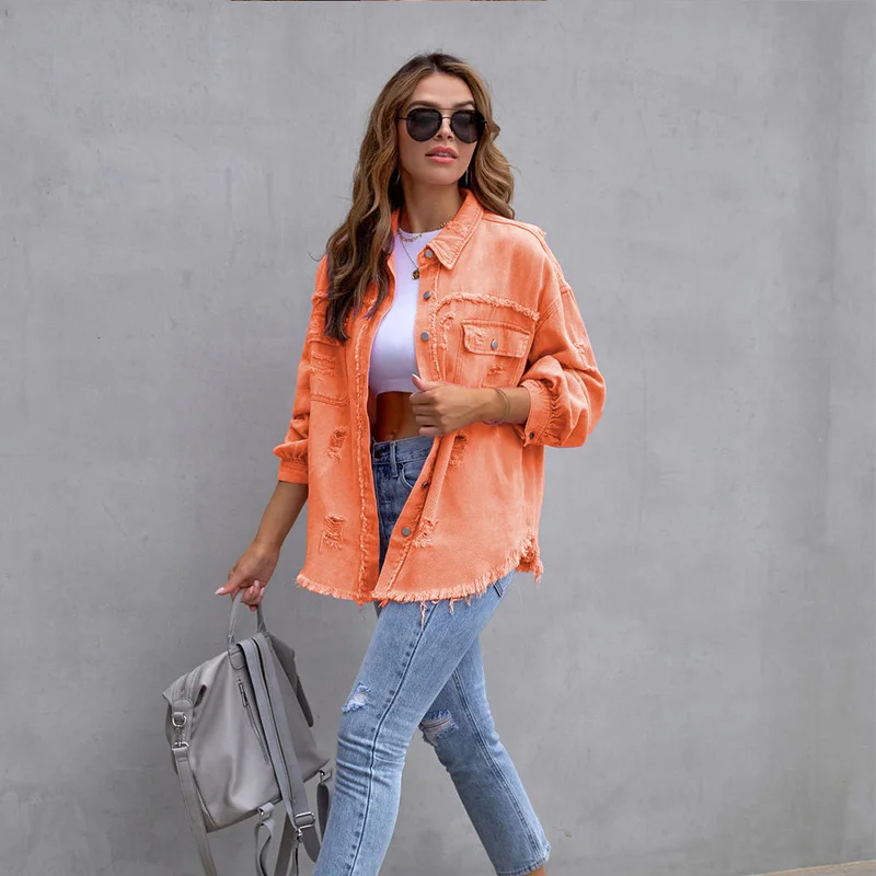 Imagem -05 - Jaqueta Jeans de Bordas Cruas Feminina Cabolsa Estilo Camisa Jean Blusa Casual Rosa-vermelha Laranja Cabolsas Roxos Primavera Outono 2023