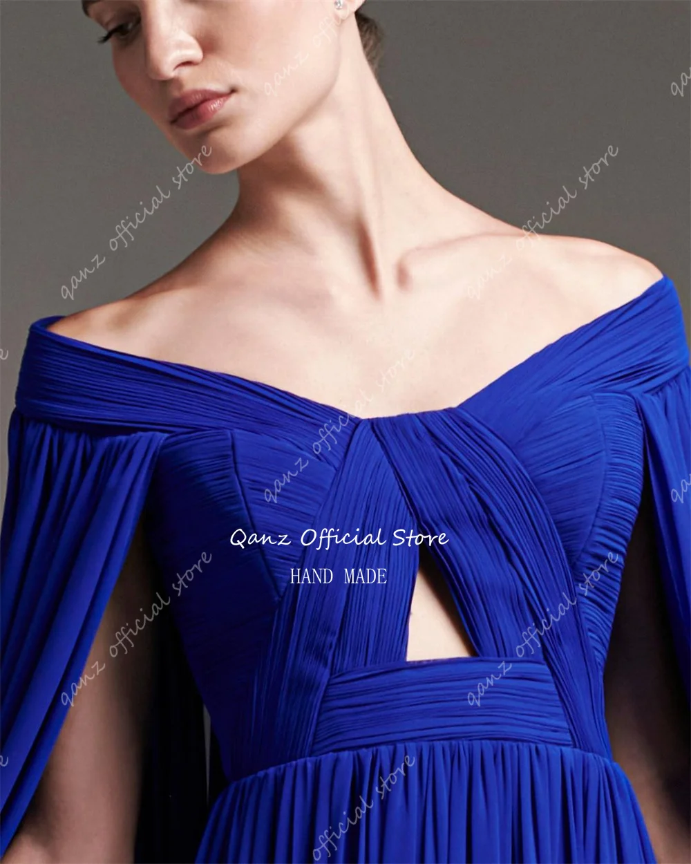 Qanz Abiti da sera eleganti Royal Blue Chiffon Maniche a mantella Abiti da cerimonia formale Una linea Robe De Soiree Femmes Personalizzato