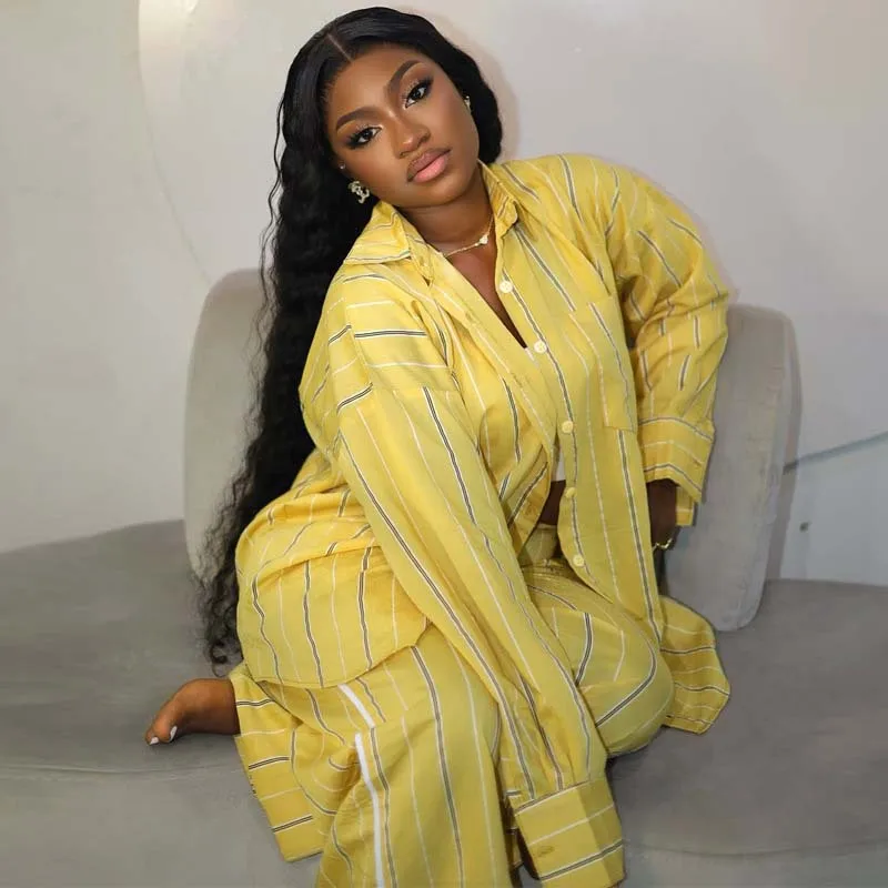 

Autumn New 2 Piece Set Loose Lapel Long Sleeved Button Pocket Shirt Elastic Waist Wide Leg Pants Striped Print Set For Women