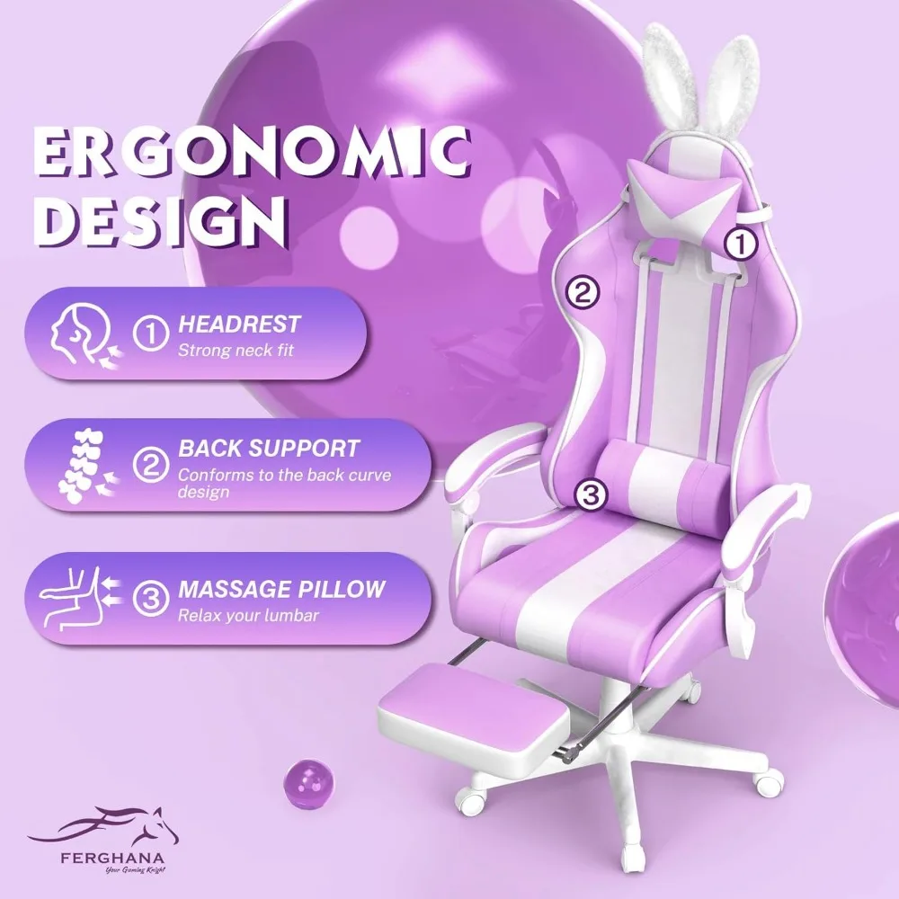 كرسي ألعاب Kawaii باللون الأرجواني الفاتح مع آذان أرنب، مريح ولطيف للاعبين، مستلق مع مسند للقدمين وميزات التدليك #5
