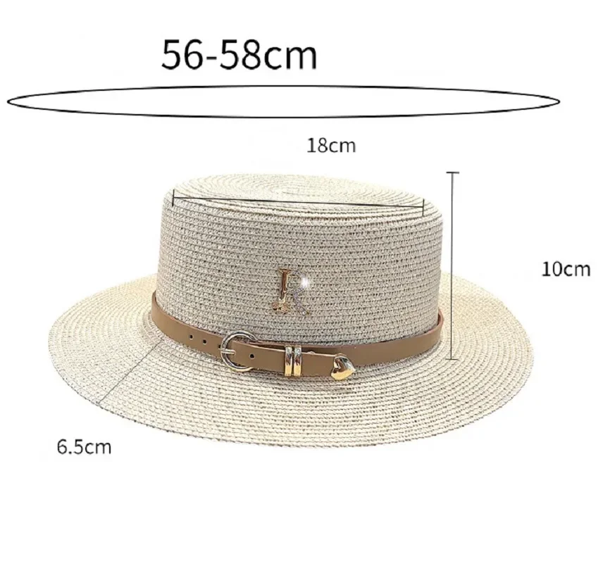 Summer Flat Top Straw Hats for Women New Metal R Letter Fashion Beach Sunshade Visors Sun Hat Females Travel Holidays Boater Hat