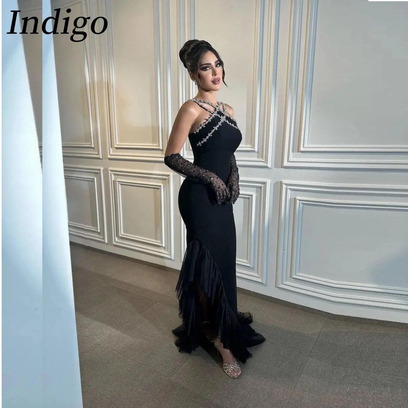 Indigo Prom Dresses With Gloves Lace Applique Halter-Neck Floor-Length Women Formal Occasion Gown Saudi 2024 damen abendkleider