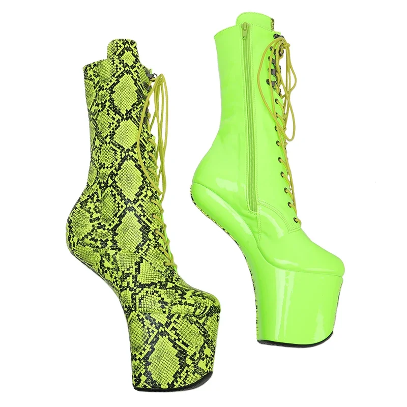 Leecabe Green Snake PU mix patent Upper Platform Ankle Boots  Exotic heelless pole dance shoes