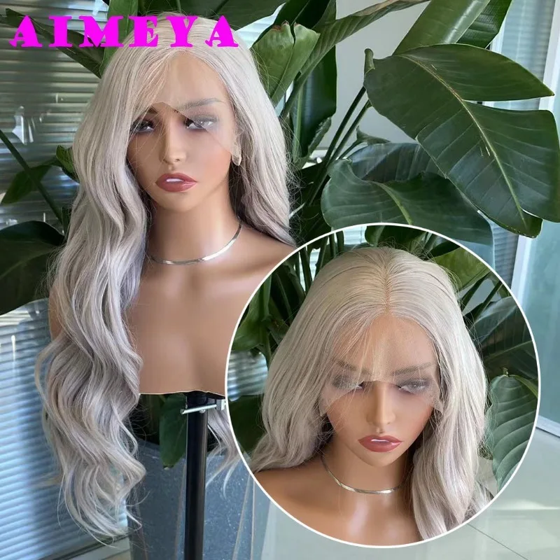 AIMEYA Ash Blonde Wig Long Body Wave Lace Front Wig 13x4 Synthetic Lace Wig for Women Girl Heat Resistant Hair Cosplay Daily Use