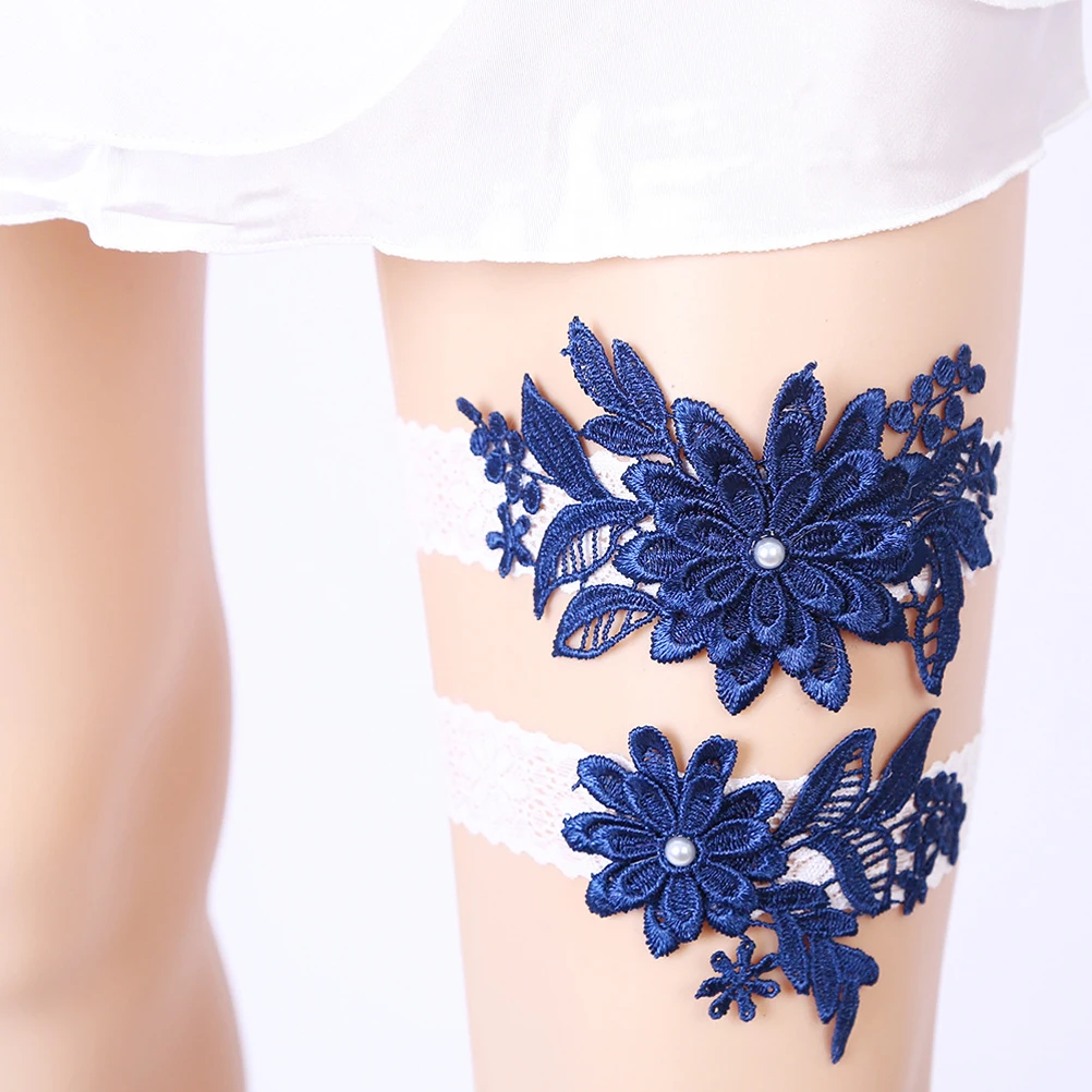 

Bride Garter Bridal Foot Jewelry Floral Wedding Engagement Navy Blue Stretch Lace Comfortable Adjustable Accessories
