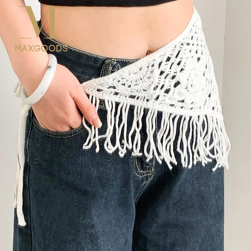 

Bohemian Knitted Back Flap Ethnic Style Hand-knitted Triangular Scarf Tie Straps Multifunctional Crocheted Tassel Hip Apron
