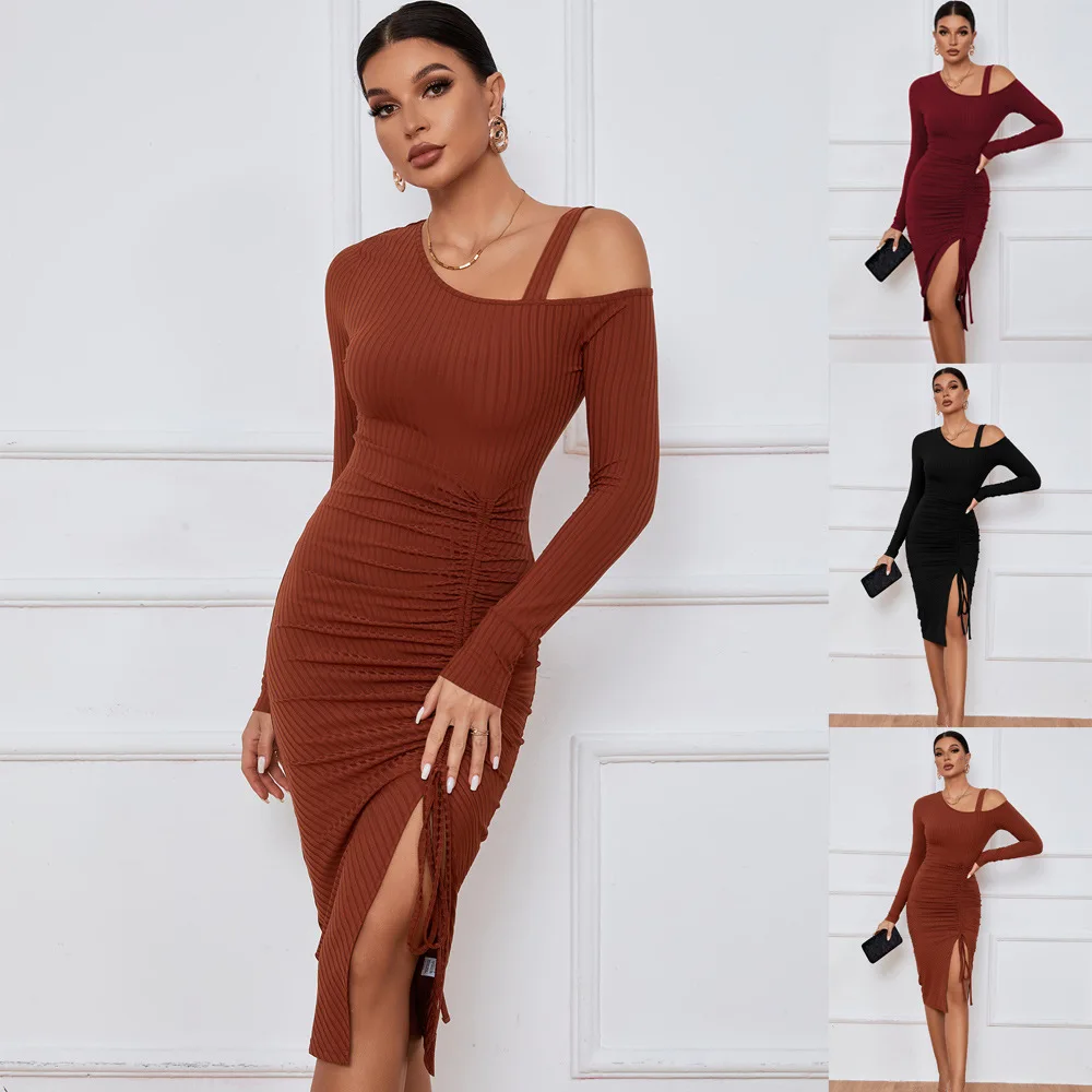 Women,s 2024 Sexy Off Shoulder Dress Long Sleeves Drawstring Split Ruffle Midi Dresses