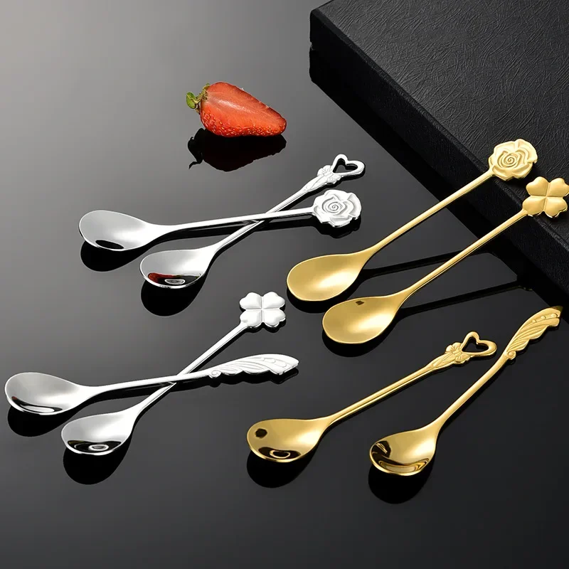 

1PC Four-leaf Clover Coffee Spoon Creative Teaspoon Dessert Salad Tea Mixing Spoon Stainless Steel rose Tableware Kitchen Tools