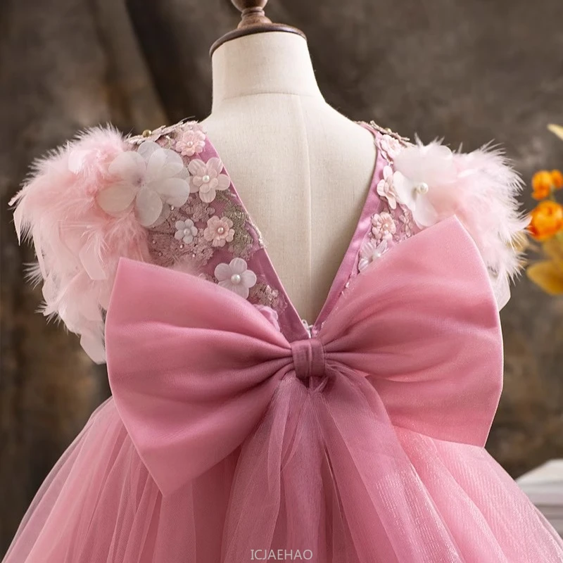 Girls Floral Flower Formal Wedding Dress Feather Lolita Puffy Tulle Princess Gown Party Outfits Matching Birthday Performance