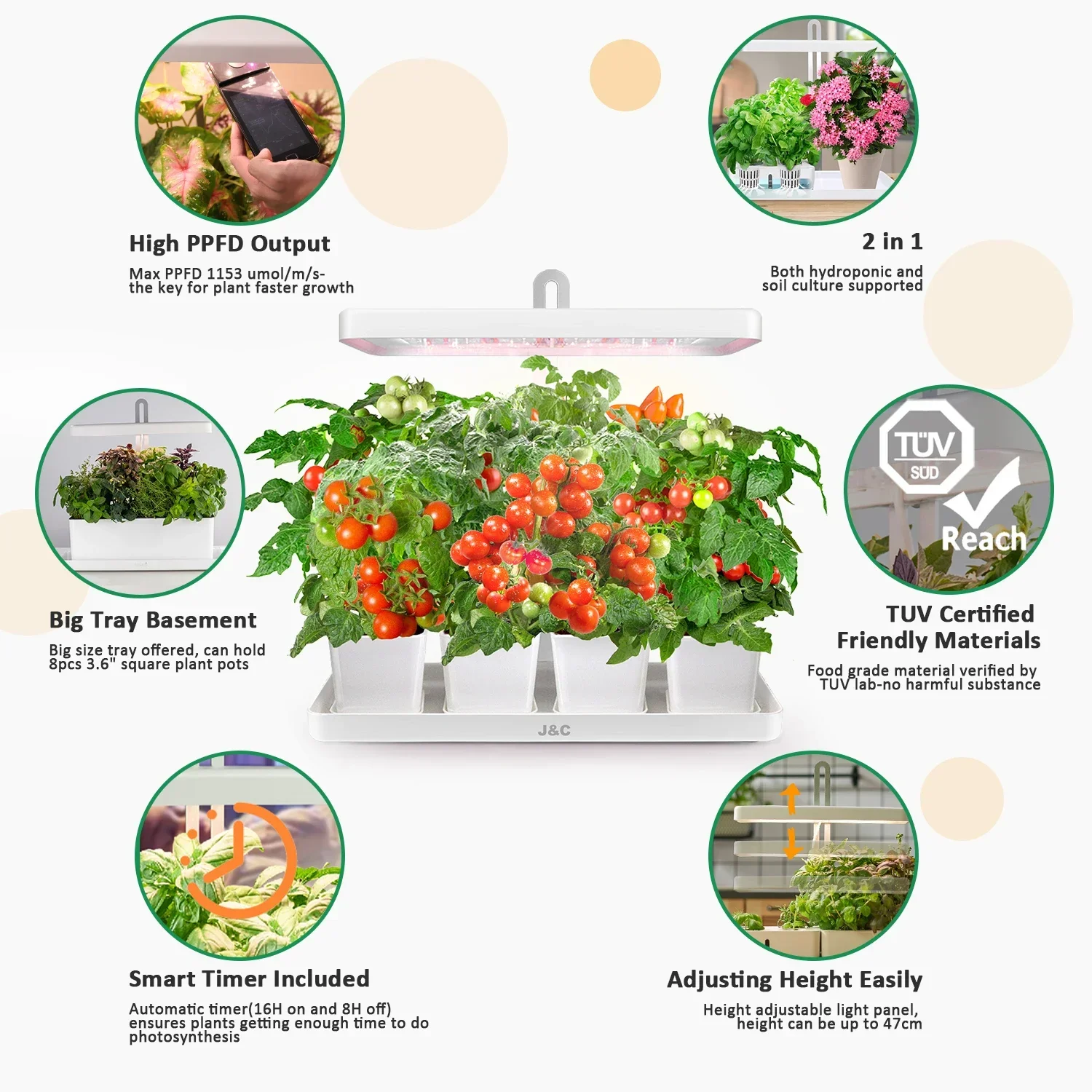 J & C-ミニインドアハーブガーデンスターターキット,LEDライト,ホワイト,2モード,20W