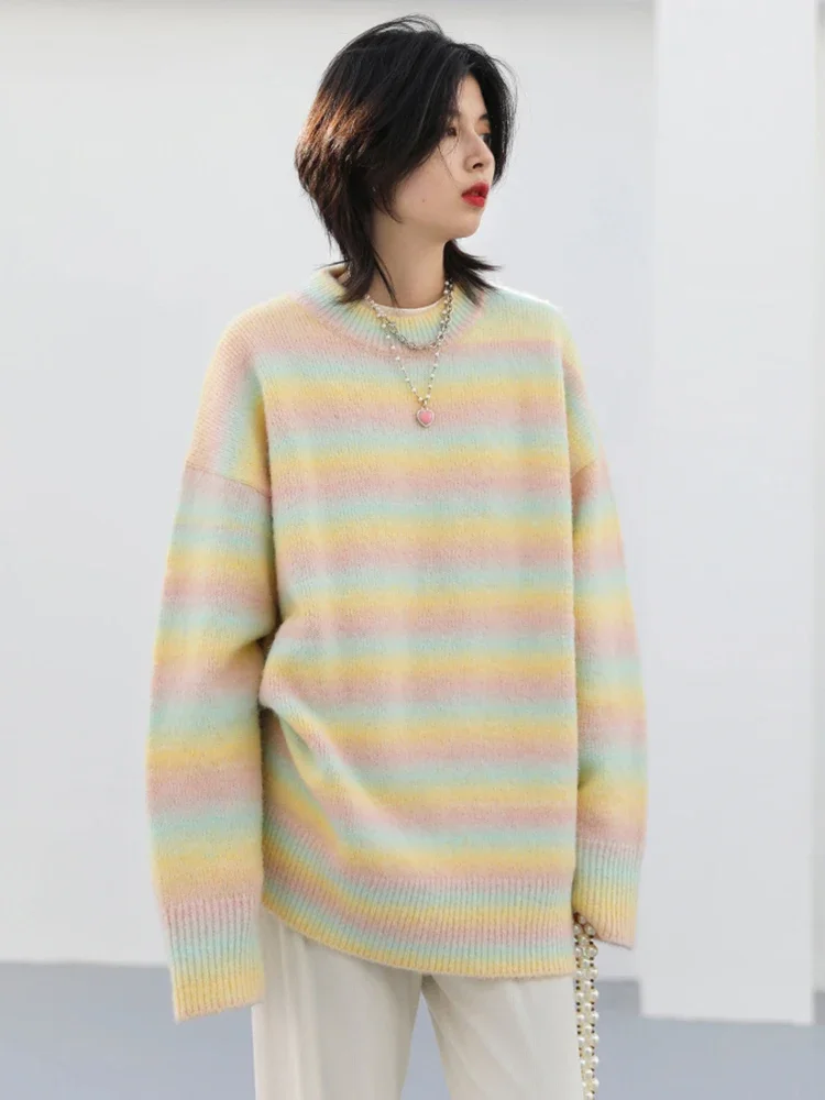 CHIC VEN Korean Women\'s Sweater Casual Loose Gradient Stripe Pullover Knitwears Female Jumpers Woman Tops Autumn Winter 2022