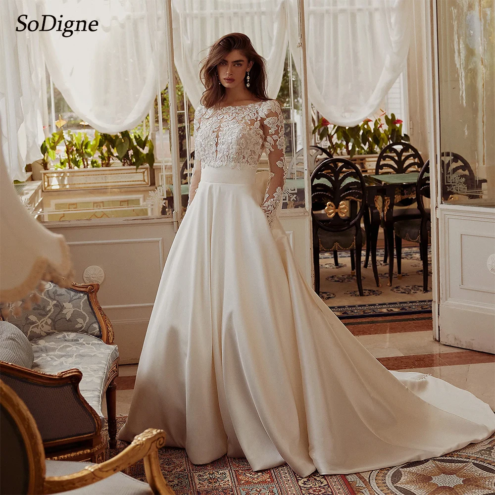 

SoDigne A-line Appliques Wedding Dresses O-neck Long Sleeves Satin Bridal Dress Princess Wedding Gown with Bow Robe De Mairee