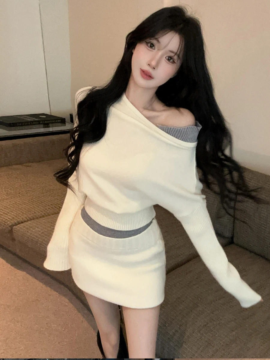 Korean Style off Shoulder Knitted Sweater High Waist Bodycon  Skirt Color Block Casual Fashion Two Piece Set for Women