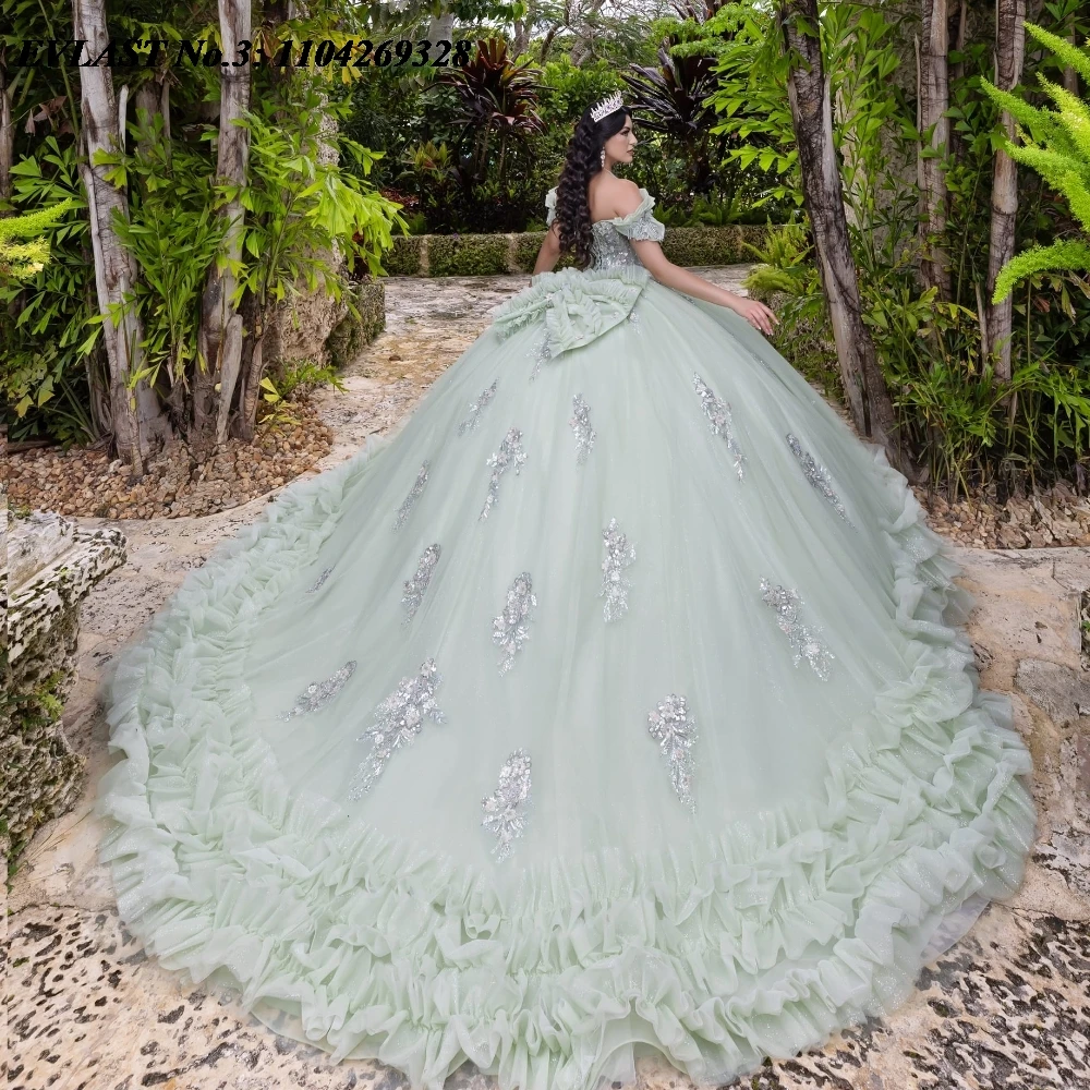 EVLAST 맞춤형 민트 Quinceanera 드레스 볼 가운 레이스 아플리케 스팽글 구슬 장식 프릴 Bow Sweet 16 Vestido De 15 Anos E3Q457