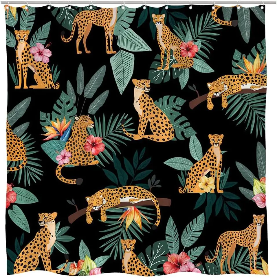 

Декоративная шторка для ванной с леопардом и тропическими растениями на черном фоне, домашняя шторка для душа в стиле дикой природы